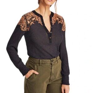 Free People Easy Breezy  Boho Henley Long Sleeve Button Shirt Size XS